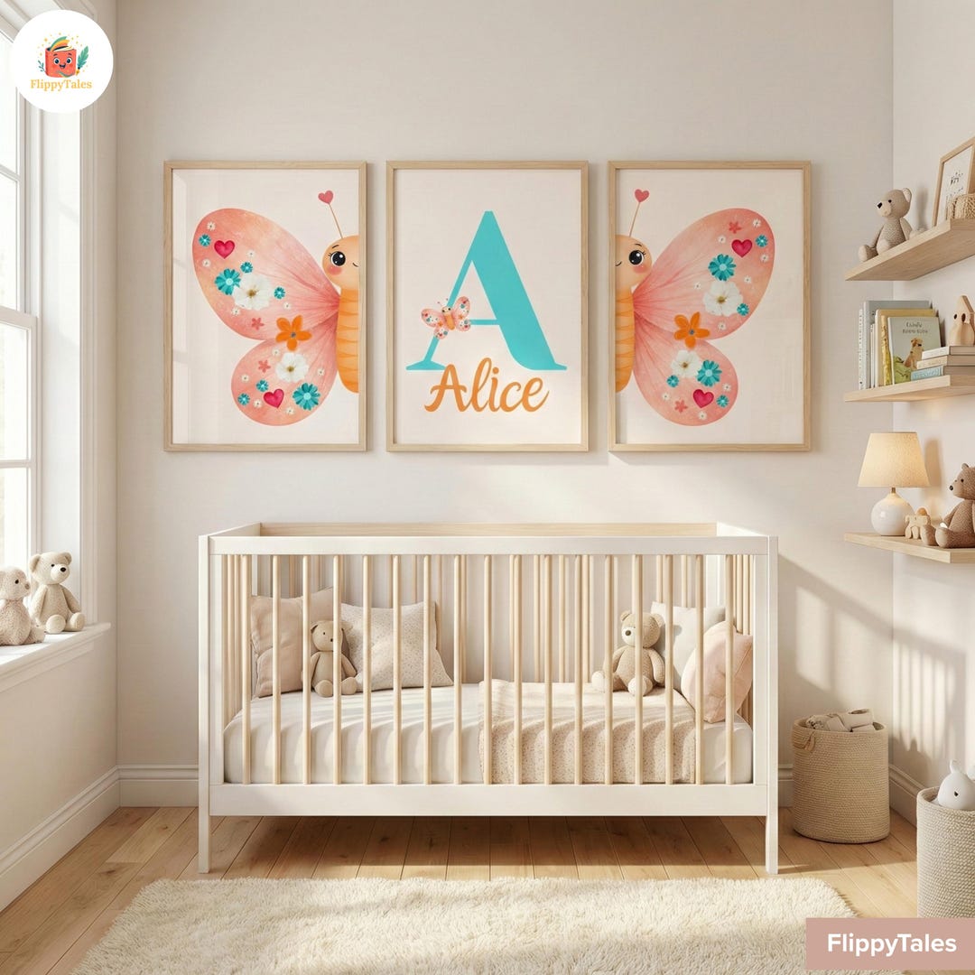 Set of 3 Personalized Butterfly Nursery Art | Custom Initial Prints ...