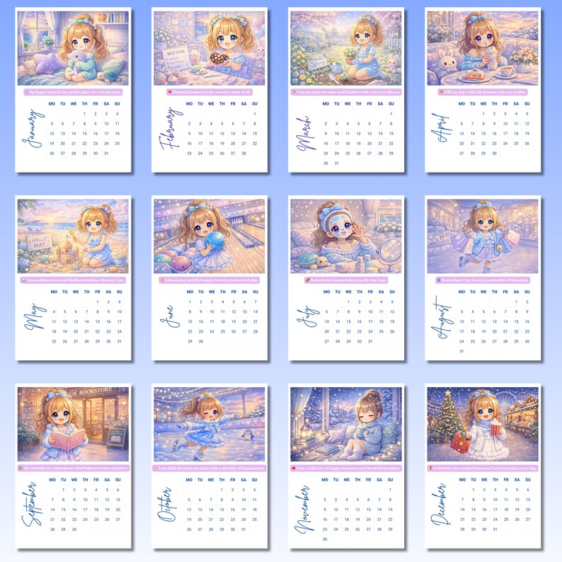 2026 Kids Printable Calendar | Cute Kawaii Girl Monthly Calendar ...