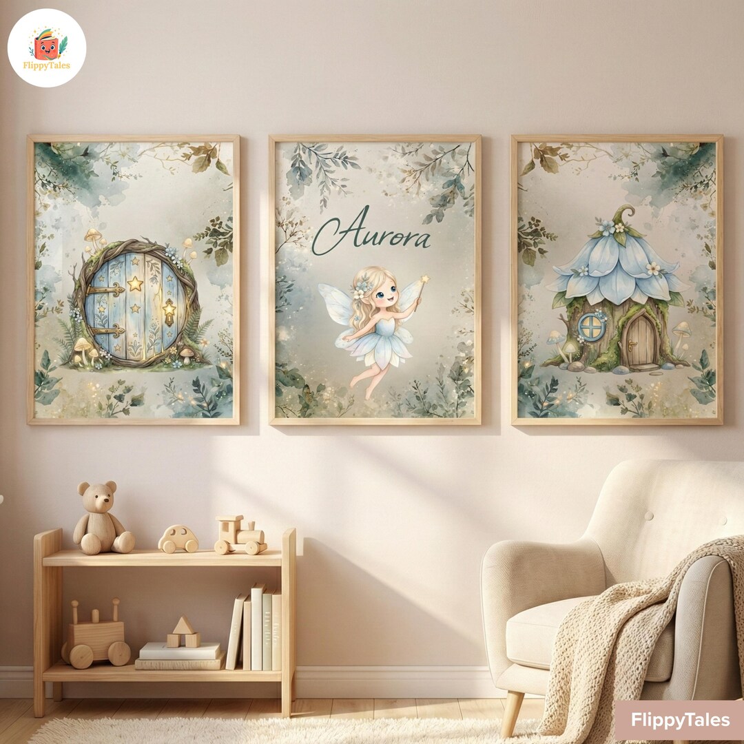 Personalized Fairy Nursery Art, Blue Flower House Prints (set of 3 ...
