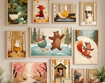 May include: A collection of framed art prints featuring whimsical illustrations of woodland animals in various scenes. The artwork includes a duck on a pond, a fox in a forest, a bear ice skating, and a squirrel sledding. The prints have a warm, inviting color palette.