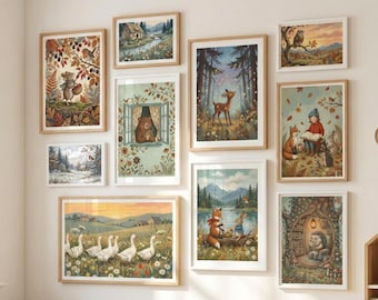 May include: A collection of framed art prints featuring whimsical illustrations of woodland animals and serene landscapes. The artwork includes scenes of a deer in a forest, a bear in a window, and a fox by a lake, all in a warm, inviting color palette.