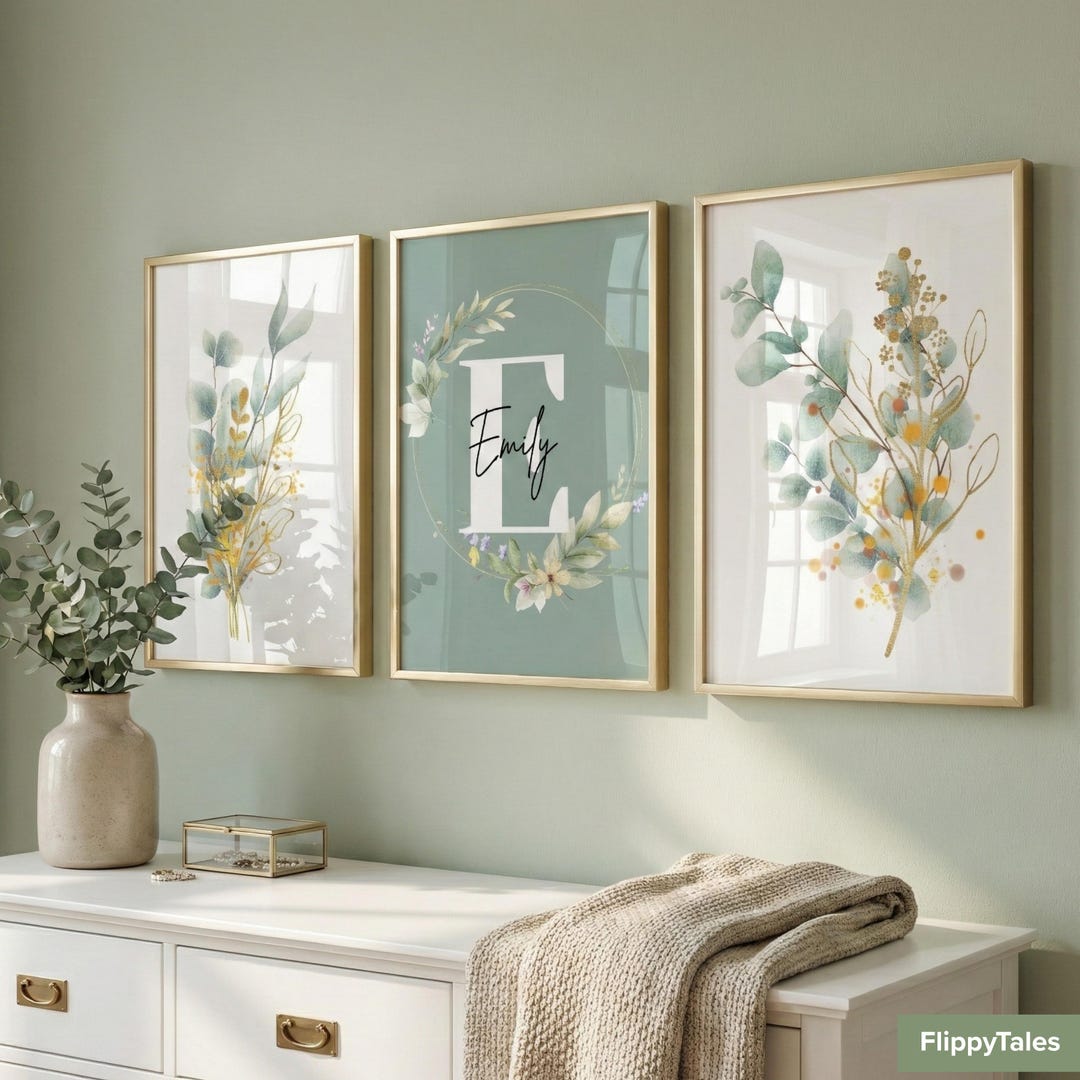 Personalized Name Print Set of 3, Sage Green Eucalyptus, Floral Nursery ...