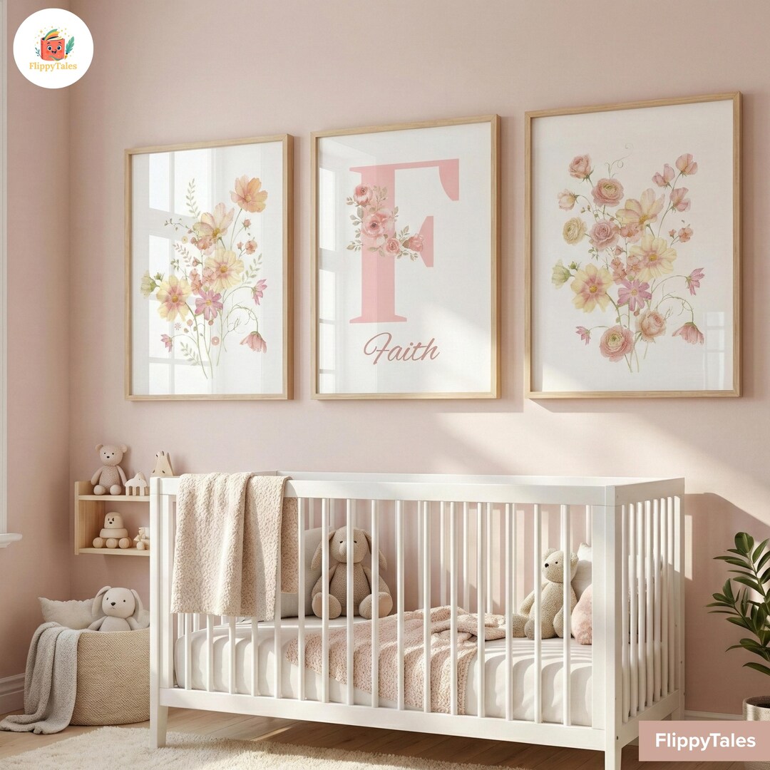 Personalized Floral Initial Nursery Prints | Wildflower Girl Room Decor ...