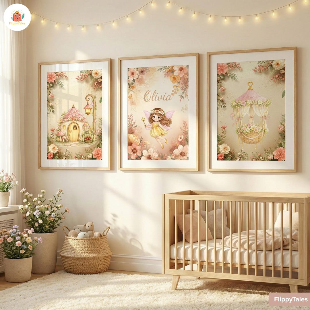 Personalized Yellow Pink Fairy Nursery Art Set, Whimsical Carousel ...
