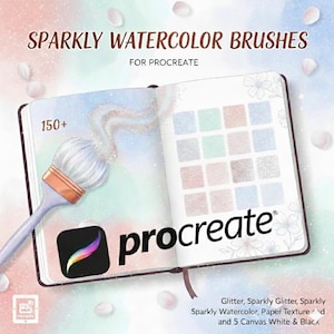 May include: An open book with the text "SPARKLY WATERCOLOR BRUSHES FOR PROCREATE" and "150+". The Procreate app logo is visible. The book displays a paintbrush and color swatches. The image includes the text "Glitter, Sparkly Glitter, Sparkly Sparkly Watercolor, Paper Texture and and 5 Canvas White & Black".
