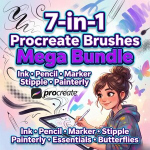 Op de afbeelding: Advertentie voor een digitaal kunstpakket. De afbeelding toont een jonge vrouw die met een stylus op een tablet tekent. De tekst luidt "7-in-1 Procreate Brushes Mega Bundle" met de vermelde penseltypen. Het Procreate-logo is zichtbaar. Kleurrijke vlinders en penseelstreken zijn op de achtergrond.