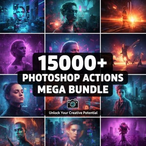 May include: A digital art graphic featuring nine panels with futuristic portraits and cityscapes. The central panel displays "15000+ Photoshop Actions Mega Bundle" with a camera icon and the text "Unlock Your Creative Potential."