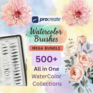 Op de afbeelding: Digitale aquarelkwasten mega bundel voor Procreate. De afbeelding toont een tablet met penseelstreken, omringd door bloemstukken en het Procreate-logo. Tekst bevat "Watercolor Brushes", "Mega Bundle" en "500+ All in One WaterColor Collections."