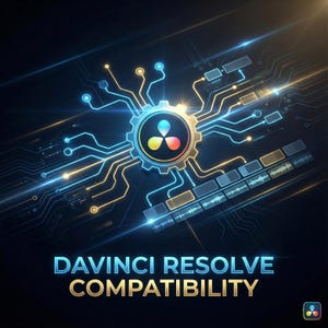 May include: Digital graphic featuring a central gear-shaped design with a colorful logo, surrounded by interconnected circuits in blue and gold. The text "DaVinci Resolve Compatibility" is displayed in blue and gold lettering.
