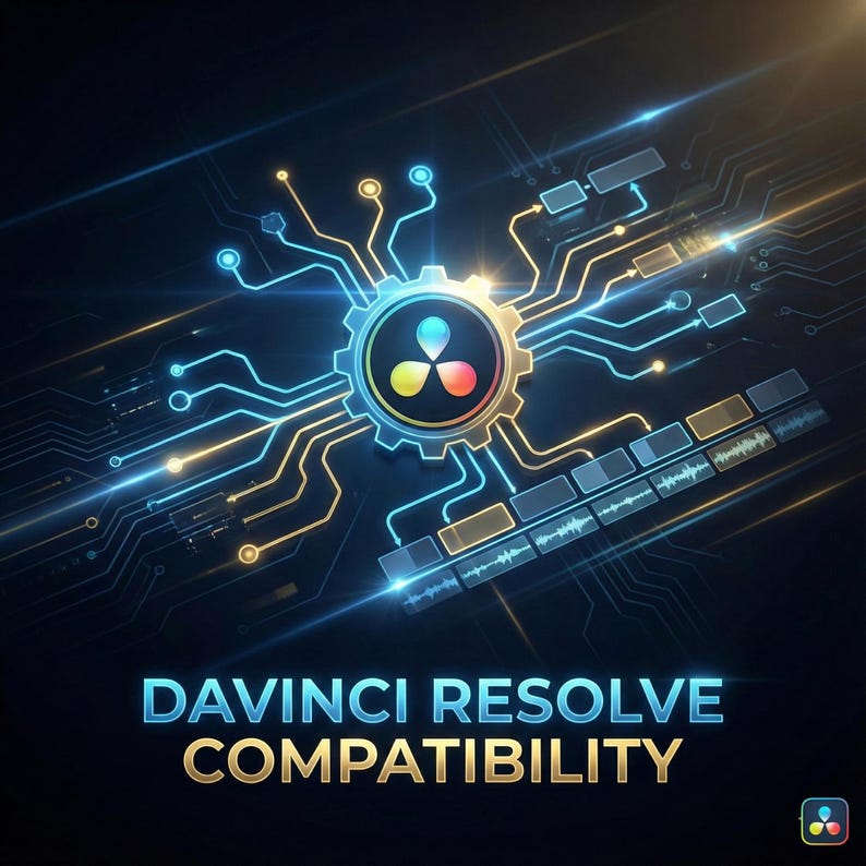 May include: Digital graphic featuring a central gear-shaped design with a colorful logo, surrounded by interconnected circuits in blue and gold. The text "DaVinci Resolve Compatibility" is displayed in blue and gold lettering.