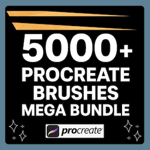 May include: A black square graphic with the text "5000+ PROCREATE BRUSHES MEGA BUNDLE" in white. The Procreate logo is at the bottom. Gold lines and starbursts accent the design.