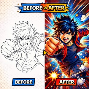 May include: A comic-style image split into two sections, labelled 'Before' and 'After'. The 'Before' section is a black and white sketch. The 'After' section is a colourful illustration of a person throwing a punch. The text 'BEFORE vs AFTER' is displayed.
