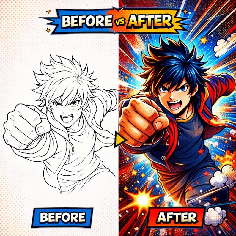 May include: A comic-style image split into two sections, labelled 'Before' and 'After'. The 'Before' section is a black and white sketch. The 'After' section is a colourful illustration of a person throwing a punch. The text 'BEFORE vs AFTER' is displayed.