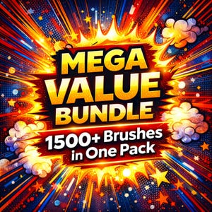 May include: A colourful graphic featuring the text "MEGA VALUE BUNDLE" in gold, set against an explosion of orange, red, and blue elements. The words "1500+ Brushes in One Pack" are displayed below the main text.