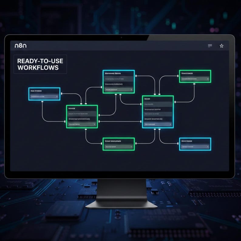 May include: A computer monitor displays a workflow diagram with the text "READY-TO-USE WORKFLOWS." The diagram features interconnected boxes in blue and green, illustrating a process flow on a dark background. The n8n logo is visible in the top left corner.