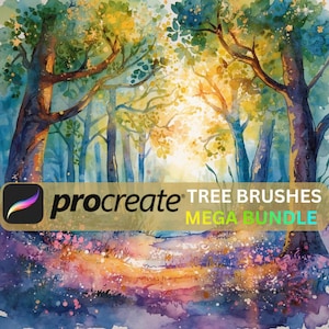 Peut inclure: Peinture à l'aquarelle d'une scène de forêt avec de grands arbres et la lumière du soleil traversant les feuilles. L'image comprend le logo Procreate et le texte "TREE BRUSHES MEGA BUNDLE". La palette de couleurs comprend des bleus, des verts, des jaunes et des violets.