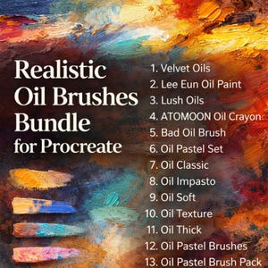 Puede incluir: Imagen de un paquete de arte digital para Procreate, con pinceles de óleo realistas. El texto dice "Realistic Oil Brushes Bundle for Procreate". La imagen muestra ejemplos de pinceladas coloridas y una lista de tipos de pinceles.