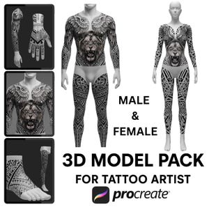 Puede incluir: Un paquete de modelos 3D para tatuadores con figuras masculinas y femeninas con diseños de tatuajes detallados. Los tatuajes incluyen una cara de león, alas y patrones geométricos. El texto dice "3D MODEL PACK FOR TATTOO ARTIST" y "procreate".