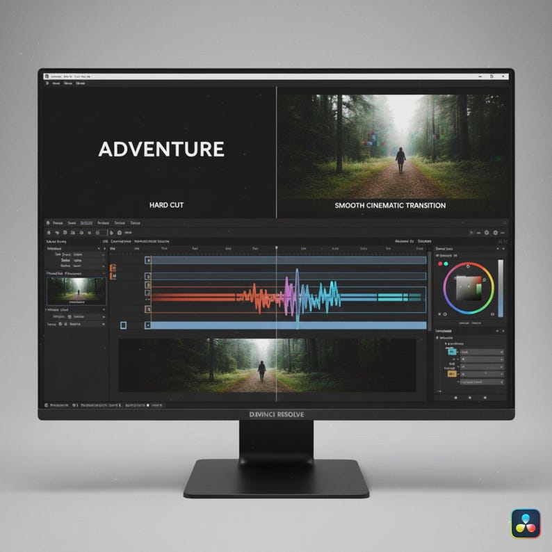 May include: A black computer monitor displaying video editing software. The screen shows the word "ADVENTURE" and a forest scene. The software interface includes a timeline with audio waveforms and color grading tools. The monitor is on a black stand.