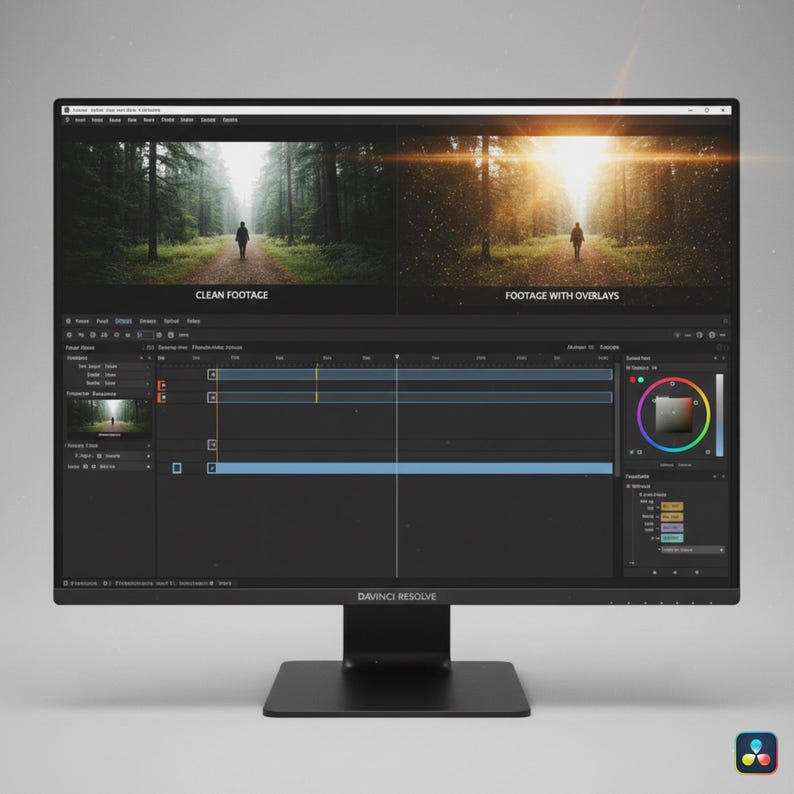 May include: A black computer monitor displaying video editing software. The screen shows a split view of a forest scene, labeled "Clean Footage" and "Footage with Overlays." The software interface includes a timeline and color grading tools. The monitor is on a black stand.