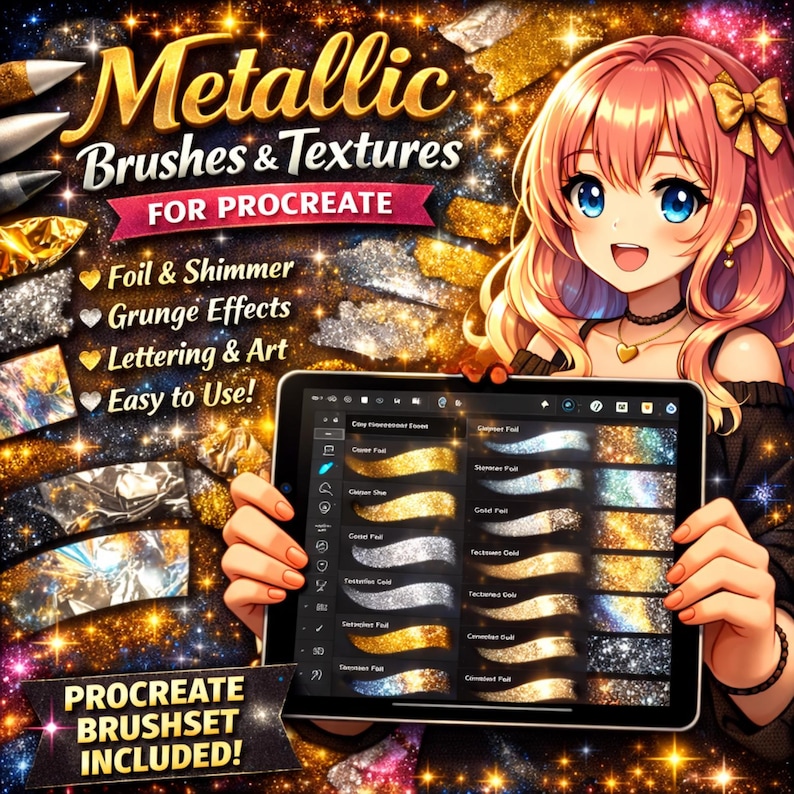 Procreate Metallic Texture Brush Bundle | Foil, Grunge (digital ...