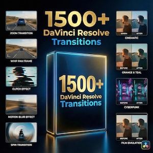 以下が含まれることがあります： DaVinci Resolveのトランジションを宣伝するデジタルグラフィック。 「1500+ DaVinci Resolve Transitions」というテキストが中央のボックスに表示されています。ズーム、ワイプパン、グリッチ、モーションブラーなどのトランジション効果を示す小さなパネルがあります。