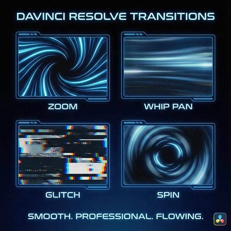 May include: A digital graphic showcasing four video transitions: Zoom, Whip Pan, Glitch, and Spin. Each transition is displayed within a blue-bordered rectangle, with dynamic light effects. The text "DAVINCI RESOLVE TRANSITIONS" and "SMOOTH. PROFESSIONAL. FLOWING." are also present.