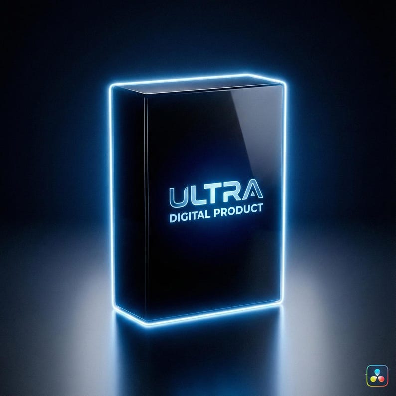May include: A black rectangular box with the words "ULTRA DIGITAL PRODUCT" in white. The box is outlined with a bright blue neon glow, set against a dark blue background. The overall aesthetic is modern and sleek.