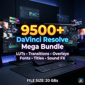 Könnte beinhalten: Dunkles Bild mit Computermonitoren, die Videoschnittsoftware anzeigen. Der Text "9500+ DaVinci Resolve Mega Bundle" ist prominent dargestellt, zusammen mit einer Liste der enthaltenen Elemente. Die Dateigröße wird mit 20 GB angegeben.