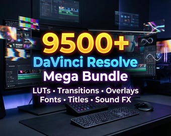 Ponad 9500 pakietów DaVinci Resolve Super Creator Mega Bundle | LUT-y, przejścia, tytuły, nakładki, czcionki i efekty | Działa w każdej grze FPS | Bez wtyczek