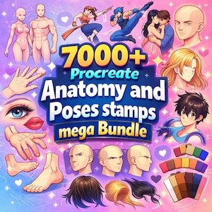 Może przedstawiać: Pakiet sztuki cyfrowej z tekstem "7000+ Procreate Anatomy and Poses stamps mega BUNDLE". Obraz zawiera ilustracje anatomii człowieka, póz i fryzur, a także próbki kolorów.