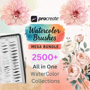 Może przedstawiać: Pakiet sztuki cyfrowej dla Procreate z pędzlami akwarelowymi. Obraz zawiera tablet wyświetlający opcje pędzli, elementy kwiatowe i tekst "Watercolor Brushes MEGA BUNDLE 2500+ All in One WaterColor Collections."