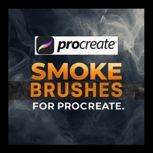 Puede incluir: Imagen que promociona los pinceles de humo de Procreate. El logotipo de Procreate está en la parte superior, con las palabras "SMOKE BRUSHES" en letras grandes de color naranja. Debajo, el texto dice "FOR PROCREATE" sobre un fondo oscuro con efectos de humo.