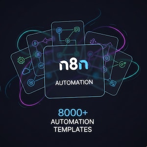 May include: A digital graphic with the n8n logo in white and blue, with the word "AUTOMATION" below it. The image features several square cards with icons and lines, and the text "8000+ AUTOMATION TEMPLATES" at the bottom.