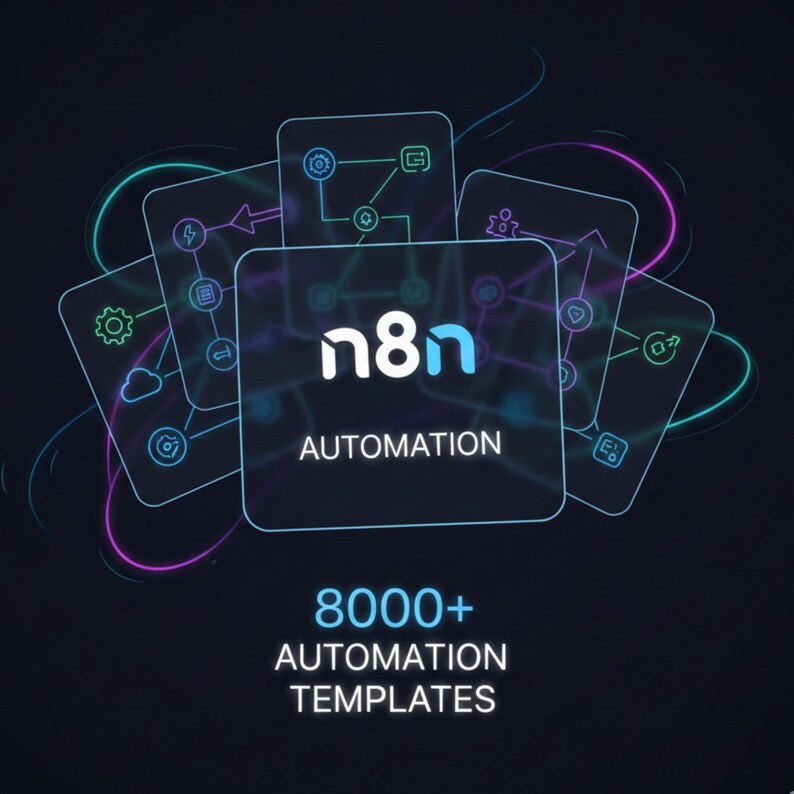 May include: A digital graphic with the n8n logo in white and blue, with the word "AUTOMATION" below it. The image features several square cards with icons and lines, and the text "8000+ AUTOMATION TEMPLATES" at the bottom.