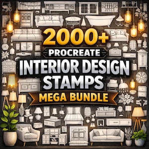 May include: An advertisement for a Procreate mega bundle of interior design stamps. The image features a dark background with numerous line drawings of furniture, lamps, and decor. Bold text reads "2000+ Procreate Interior Design Stamps Mega Bundle."