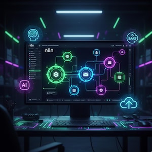May include: A computer monitor displaying a software interface with a network diagram. The interface features neon green, blue, and pink icons and lines, with the text "n8n" visible. The setup includes a keyboard, mouse, and a desk with glowing circuit board patterns.