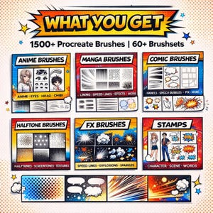 May include: A colourful graphic advertising Procreate brushes, with the headline "WHAT YOU GET". It showcases various brush categories such as Anime, Manga, Comic, Halftone, FX, and Stamps, each with illustrative examples of their use.