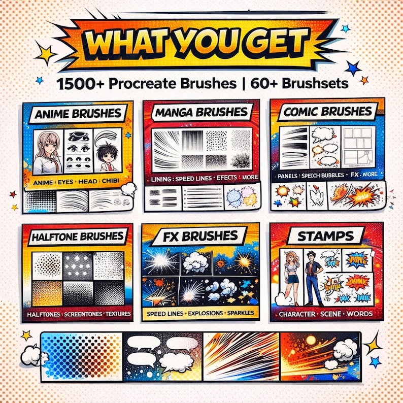 May include: A colourful graphic advertising Procreate brushes, with the headline "WHAT YOU GET". It showcases various brush categories such as Anime, Manga, Comic, Halftone, FX, and Stamps, each with illustrative examples of their use.