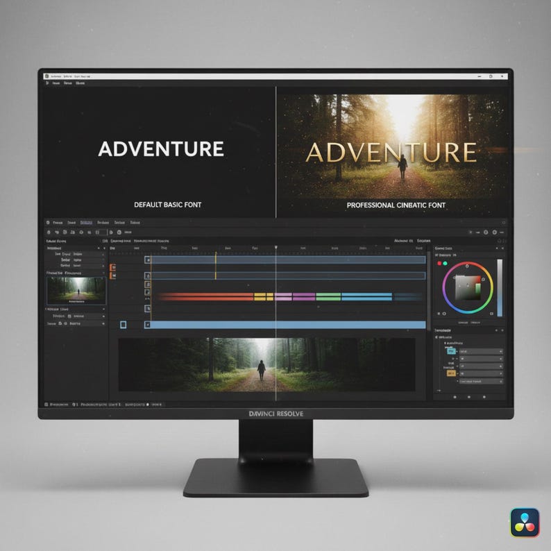 May include: A black computer monitor displays a video editing interface. The screen shows the word "ADVENTURE" in two different fonts, with a forest scene. The software interface includes a timeline and color grading tools.
