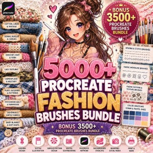 Peut inclure: Image promotionnelle d'un pack de pinceaux Procreate Fashion avec une illustration de femme tenant un stylet. Le pack comprend plus de 5000 pinceaux, des motifs de couture, de tissu et des nuanciers.