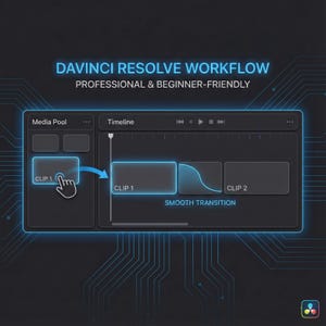 May include: A digital graphic illustrating a DaVinci Resolve workflow. The image shows a timeline with "CLIP 1" and "CLIP 2" and a "SMOOTH TRANSITION" effect. The text reads "PROFESSIONAL & BEGINNER-FRIENDLY".