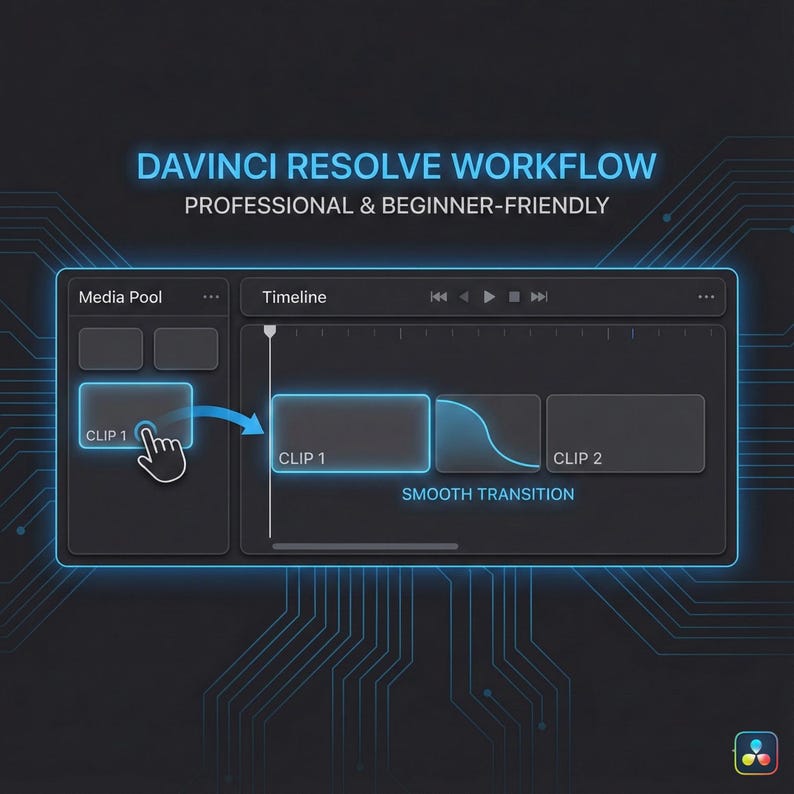 May include: A digital graphic illustrating a DaVinci Resolve workflow. The image shows a timeline with "CLIP 1" and "CLIP 2" and a "SMOOTH TRANSITION" effect. The text reads "PROFESSIONAL & BEGINNER-FRIENDLY".