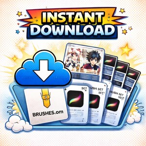 May include: A digital art graphic with the words "INSTANT DOWNLOAD". A blue cloud with a downward arrow sits above a tray containing digital art brushes and the website address, brushes.om.