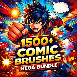 May include: An action-packed illustration featuring a manga-style character with blue hair and determined expression. The image prominently displays the text "1500+ COMIC BRUSHES MEGA BUNDLE" in a dynamic, comic book style, with vibrant red, yellow, and blue colors.