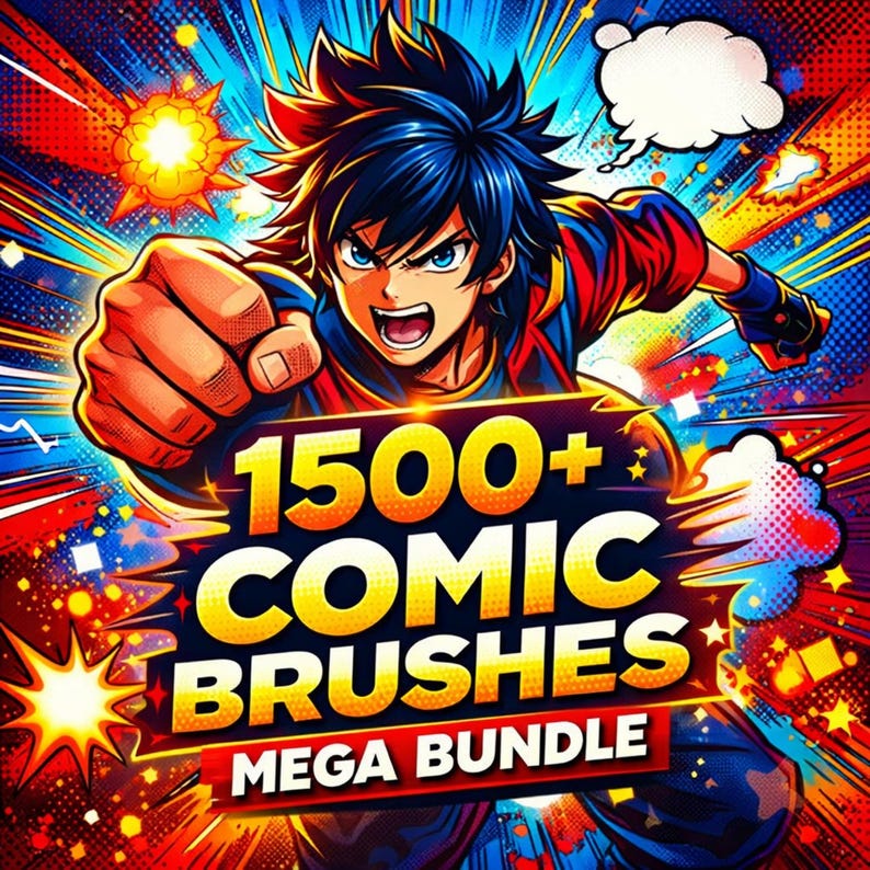 May include: A dynamic comic-style illustration showcasing a manga character with blue hair and a determined expression. The image highlights the text "1500+ COMIC BRUSHES MEGA BUNDLE" in a bold, comic book style, using vibrant red, yellow, and blue colours.