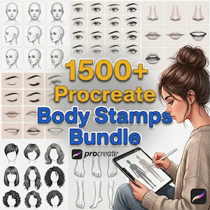 Könnte beinhalten: Digitales Kunstpaket für Procreate mit über 1500 Körperstempeln. Enthält Illustrationen von Gesichtern, Augen, Nasen, Lippen, Frisuren und Körperteilen. Eine Person verwendet einen Stift auf einem Tablet, um digitale Kunst zu erstellen.