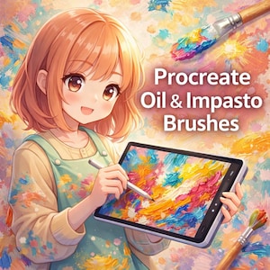Puede incluir: Ilustración de una persona sonriente sosteniendo una tableta con pinceladas de óleo e impasto coloridas. La tableta muestra el texto "Procreate Oil & Impasto Brushes". También se ven pinceles con pintura colorida.