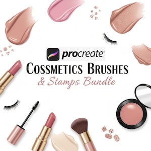 May include: A collection of cosmetics brushes and stamps, including lipstick, mascara, blush, and makeup brush. The image features swatches of makeup and the text "Cosmetics Brushes & Stamps Bundle" with the Procreate logo.