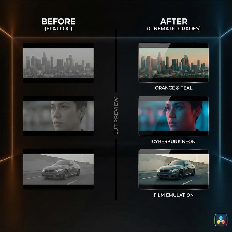 May include: A graphic comparing "BEFORE" and "AFTER" video color grading. The "BEFORE" section shows flat log footage, while the "AFTER" section displays cinematic grades with options like "ORANGE & TEAL", "CYBERPUNK NEON", and "FILM EMULATION".